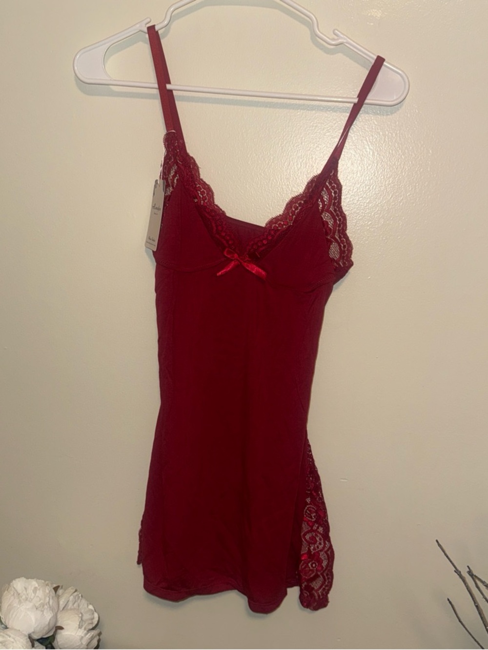 Women's Lace-Trim Chemise Nightdress in Deep Red